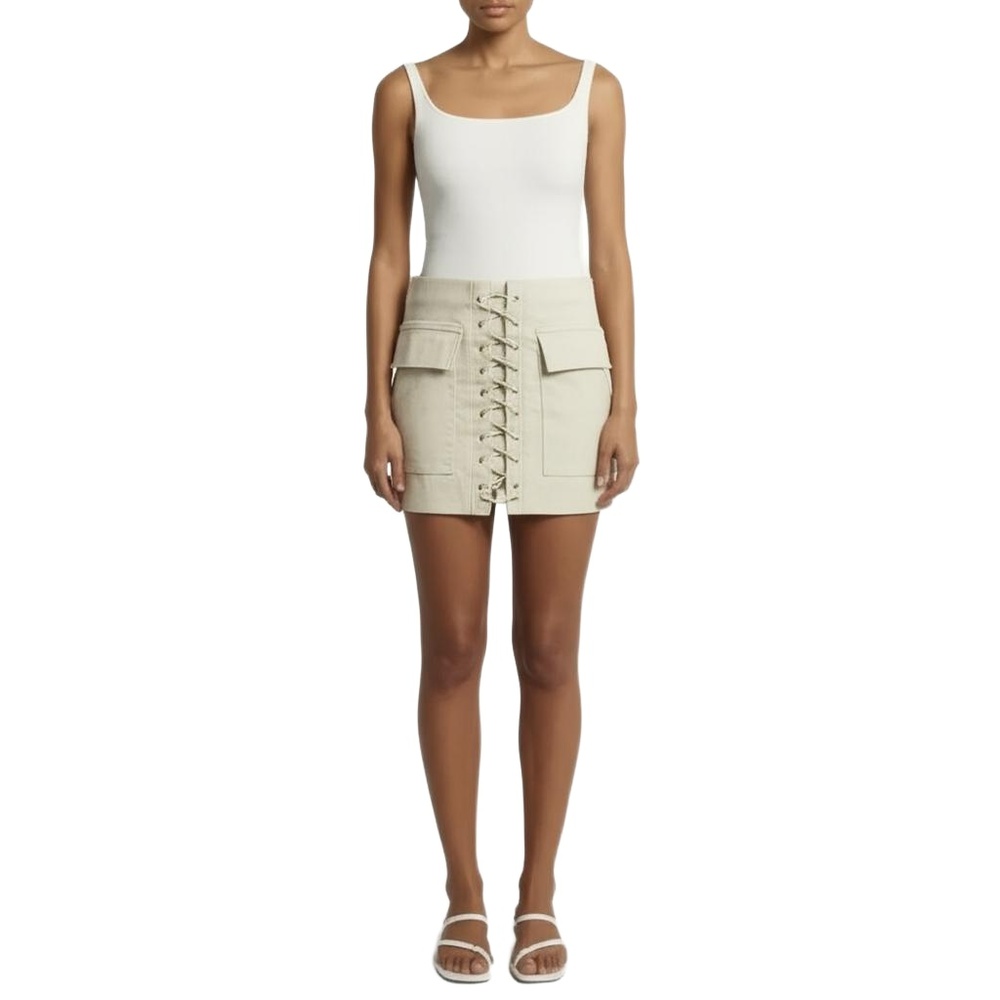 LUXXEL Light Beige Utility Chic Boho Casual Lace-Up Mini Skirt Womens S
